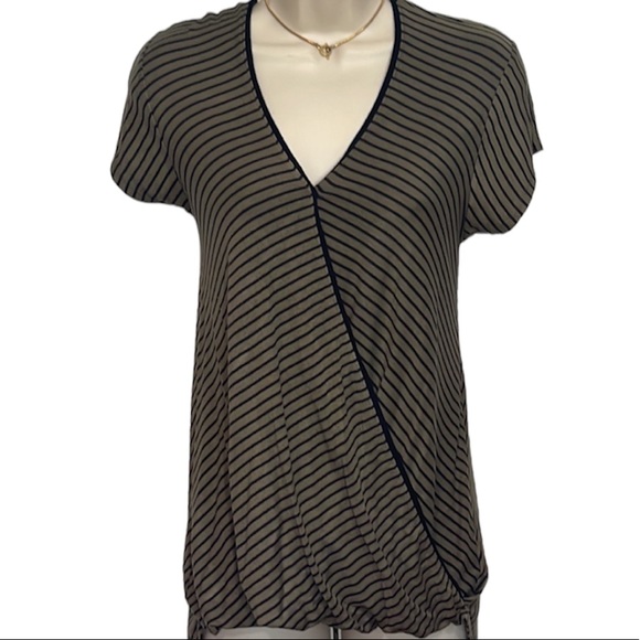 Anthro Maeve Leila Olive Green Striped Short Sleeve Top - Picture 2 of 6